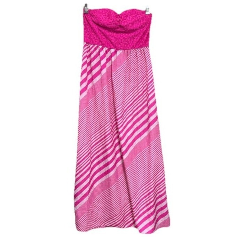It's Pink Lace Strapless Maxi Dress Striped Boho Summer Sweetheart Neckline L